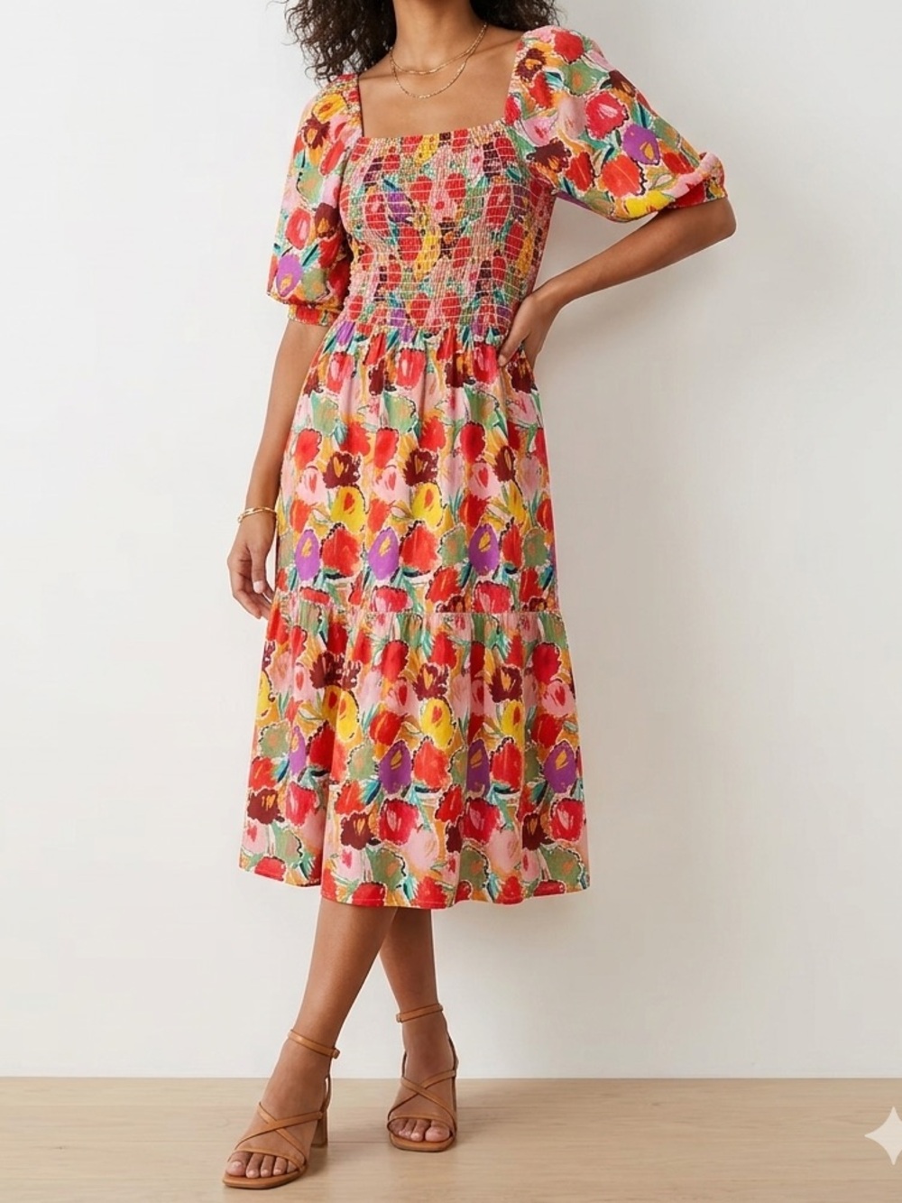 Floral Smocked Midi Dress in Multi-Color - Picture 1 of 7